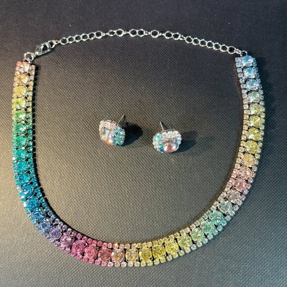 Choker Necklace Earrings Jewelry Set Green Zirconia Multi color with Gift Box - Picture 6 of 8